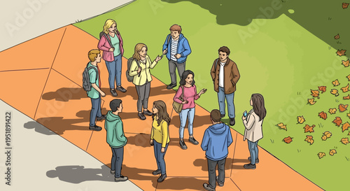 illustration of people standing on sidewalk and grass with flowers