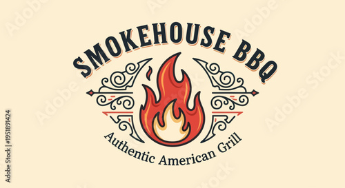 Smokehouse BBQ Authentic American Grill Logo with Flames and Ornate Design.