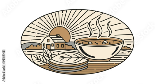 Steaming Bowl of Soup with Fresh Leaves and Farmhouse Scene.