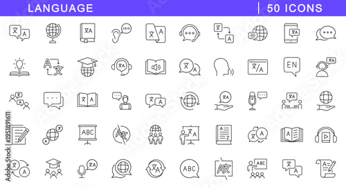 Language icon set. Translation icons in line style. Editable web icons translate, writing, speech, speaking, dictionary, text, language. Vector illustration.