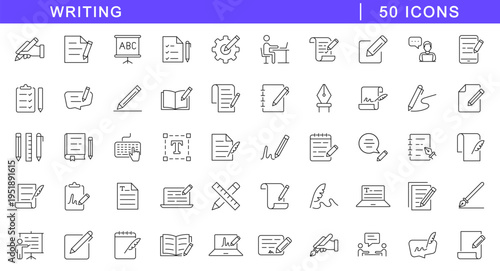 Writing icon set. Copywriting icons in line style. Editable web icons for edit, write and content writing. Vector illustration.