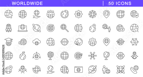 Worldwide icon set. Globe icons in line style. Editable web icons network, world, global, network, earth, sphere and international. Vector illustration.