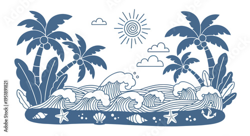 Tropical beach scene with palm trees and ocean waves.