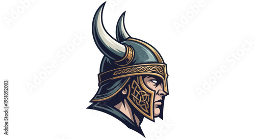 Viking Warrior Head Profile with Horned Helmet and Intricate Details.