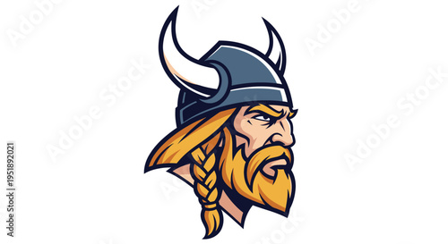 Viking Warrior Head with Braided Beard and Horned Helmet.