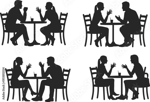 Black silhouette vector set of people sitting at a cafe table talking and drinking coffee including couples and friends for restaurant architectural lifestyle design