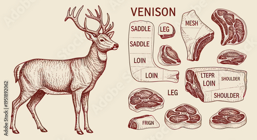 Venison Cuts Diagram with Deer Animal Engraving Illustration.