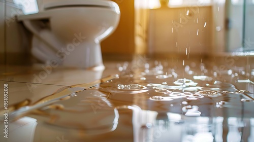 Water leaking from toilet flooding bathroom floor with puddle