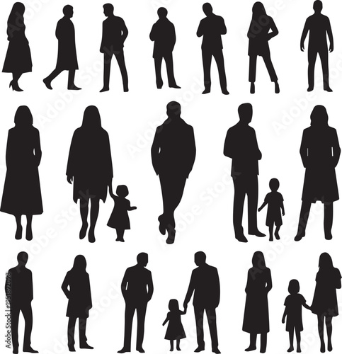 People silhouettes on transparent background with male and female figures walking