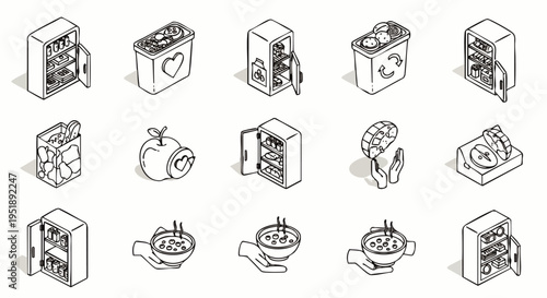 Isometric line icons for healthy food, sustainable eating, meal prep, and food delivery. Features refrigerators, organic produce, recycling, and noodle bowls.