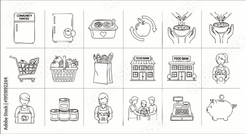 Hand-drawn line art icons of food donation, community pantry, grocery shopping, and charity support. Vector illustration for social issues and helpful initiatives.