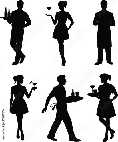 Black silhouette vector set of restaurant service staff including waiters and waitresses carrying trays and drinks for catering hospitality and architectural lifestyle design