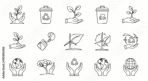Eco-Friendly Hand-Drawn Doodle Icons Set: Sustainability, Environmental Protection, Recycling, Planting, Nature, and Renewable Energy Symbols.
