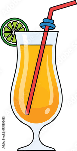 Refreshing tropical cocktail garnished with lime and straw in a hurricane glass, perfect for summer parties and beach vacations, isolated on white background