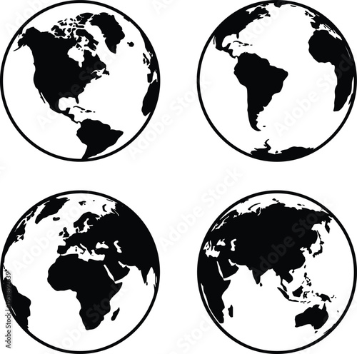 World globe map icon set, earth hemispheres collection, detailed continent silhouettes, global geography symbols, vector illustration isolated on white background