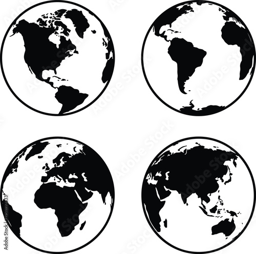 World map globe icon set, earth hemisphere silhouettes collection, global geography symbols, minimalist vector illustration isolated on dark background