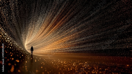 A solitary figure walks through a breathtaking tunnel of golden light particles in an abstract dark space.