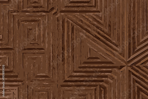 Close up of a dark brown wooden panel with geometric carvings