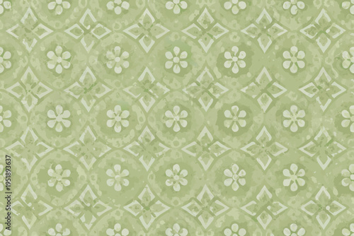 Soft green floral and geometric pattern with a vintage textured appearance