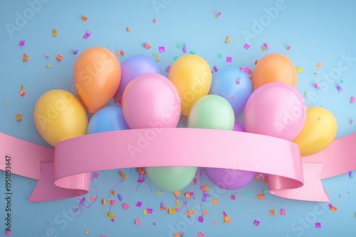 Wallpaper Mural Colorful Balloons with Pink Ribbon and Confetti on Blue Background Torontodigital.ca