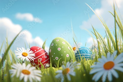 Wallpaper Mural Colorful Easter Eggs in Green Grass with Daisies Torontodigital.ca