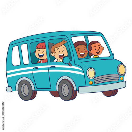 Cartoon illustration of a group of diverse happy children riding in a turquoise minivan on a school trip or family vacation