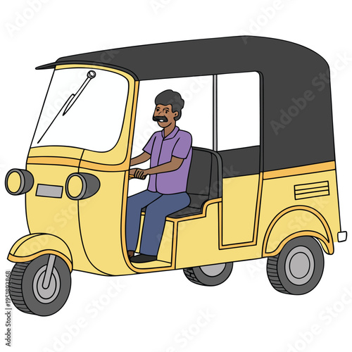 Illustration of a man driving a yellow auto rickshaw