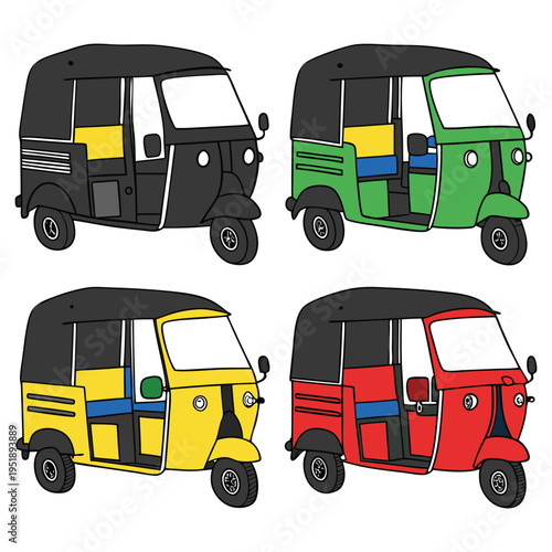 Set of four colorful auto rickshaws in different colors