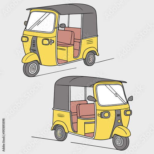 Illustration of yellow auto rickshaws or tuktuks