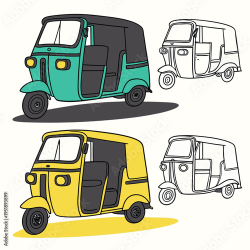 Set of hand drawn auto rickshaws, tuk tuk transport vehicles, colorful and outline illustrations