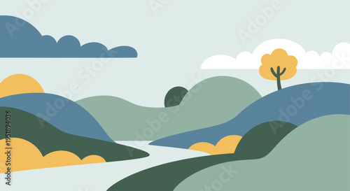 Minimalist Landscape with Rolling Hills and River.