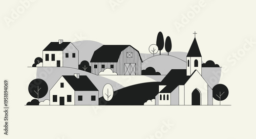 Monochromatic Rural Landscape with Farmhouses and Church.