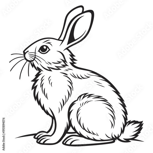 Black and white line art illustration of a cute rabbit sitting