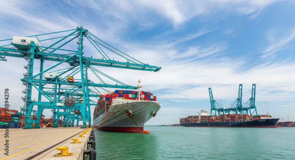 Fototapeta premium Industrial container ships docked at modern port with giant blue cranes