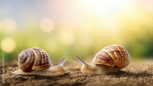 Two garden snails facing each other on soil with golden background. Macro wildlife scene showing delicate antennae and spiral shells. Concept of connection, nature interaction and animal behavior