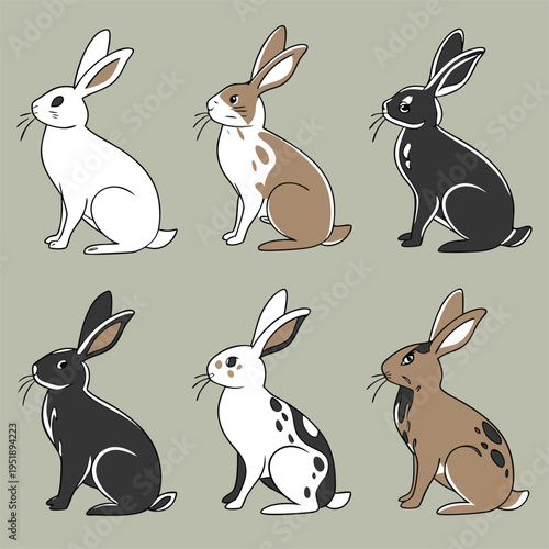 Set of cute rabbits in different colors and patterns, hand drawn vector illustration of bunnies sitting in profile