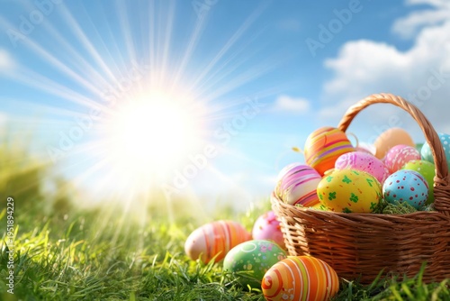 Wallpaper Mural Colorful Easter Eggs in Wicker Basket on Grassy Field during Sunny Day Torontodigital.ca