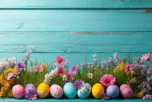 Wallpaper Mural Colorful Easter Eggs and Flowers on Turquoise Wooden Background Torontodigital.ca