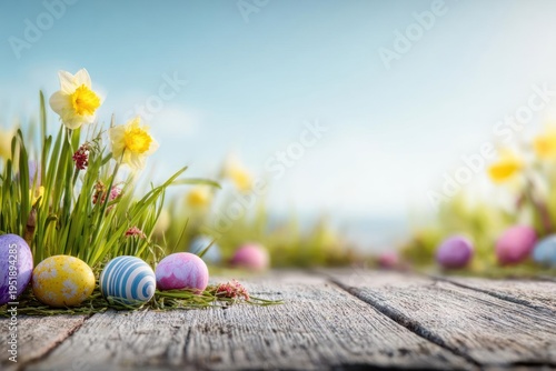 Wallpaper Mural Easter Eggs on Wooden Planks with Yellow Daffodils Torontodigital.ca