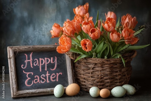 Wallpaper Mural Easter Tulips in Woven Basket with Chalkboard Sign and Colored Eggs Torontodigital.ca