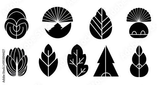 Set of black and white abstract plant and tree icons.