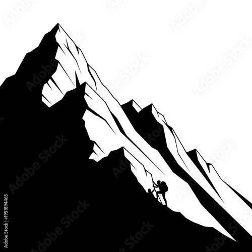 Silhouette of a lone climber scaling a steep mountain peak against a stark white background.