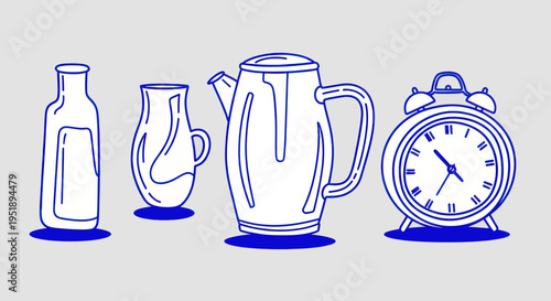 Simple Line Art Illustration of Various Household Objects.