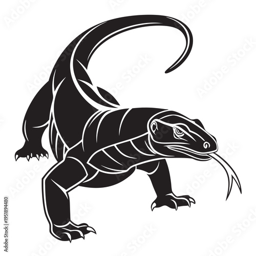 Black and white silhouette illustration of a komodo dragon lizard