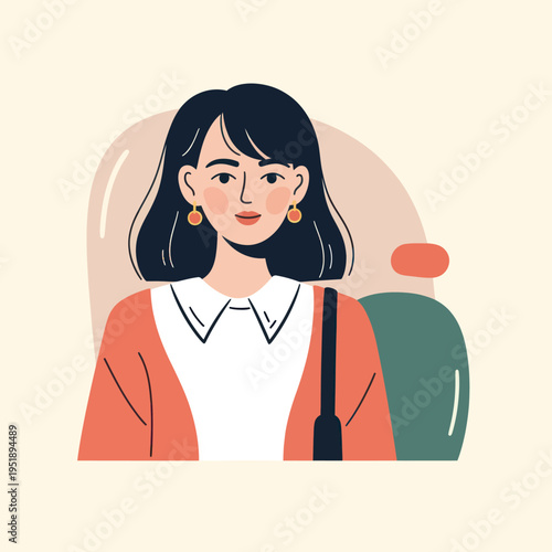 Stylish Young Woman with Dark Hair and Orange Cardigan.