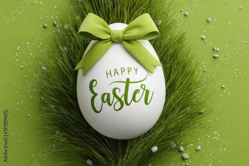 Wallpaper Mural Easter Egg with Green Ribbon and Happy Easter Text on Grass Torontodigital.ca