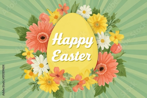 Wallpaper Mural Easter Egg Surrounded by Colorful Flowers on Green Background with Happy Easter Text Torontodigital.ca