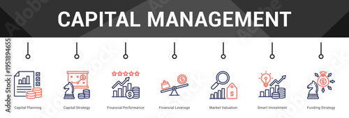 Capital Management  Modern and clean web banner illustration vector featuring thematic icons