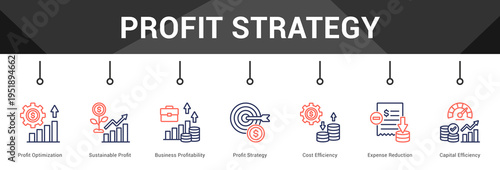 Profit Strategy  Modern and clean web banner illustration vector featuring thematic icons