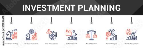 Investment Planning  Modern and clean web banner illustration vector featuring thematic icons